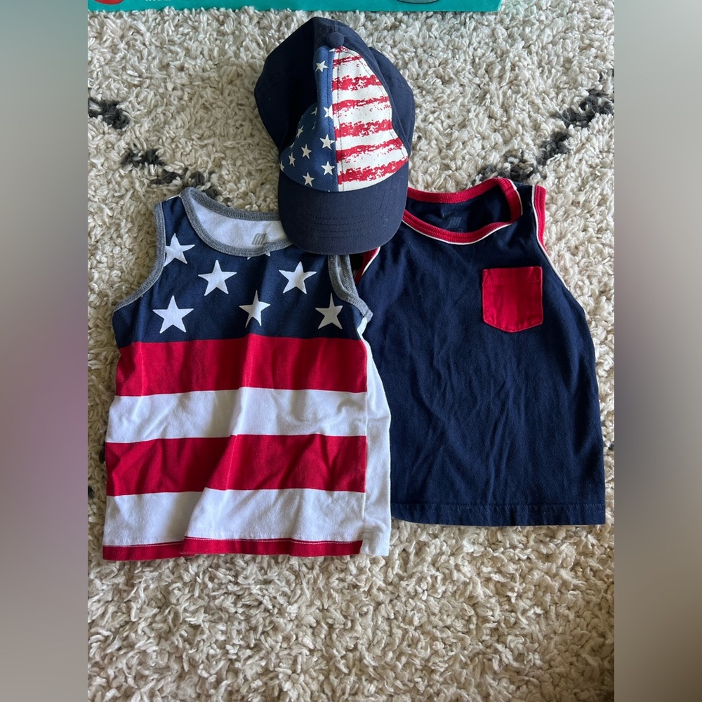 Red white and blue 18-24 month boy tank tops with flag baseball cap